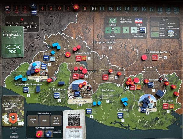 Board state at the end of the El Salvador scenario of The Guerrilla Generation (GMT Games)