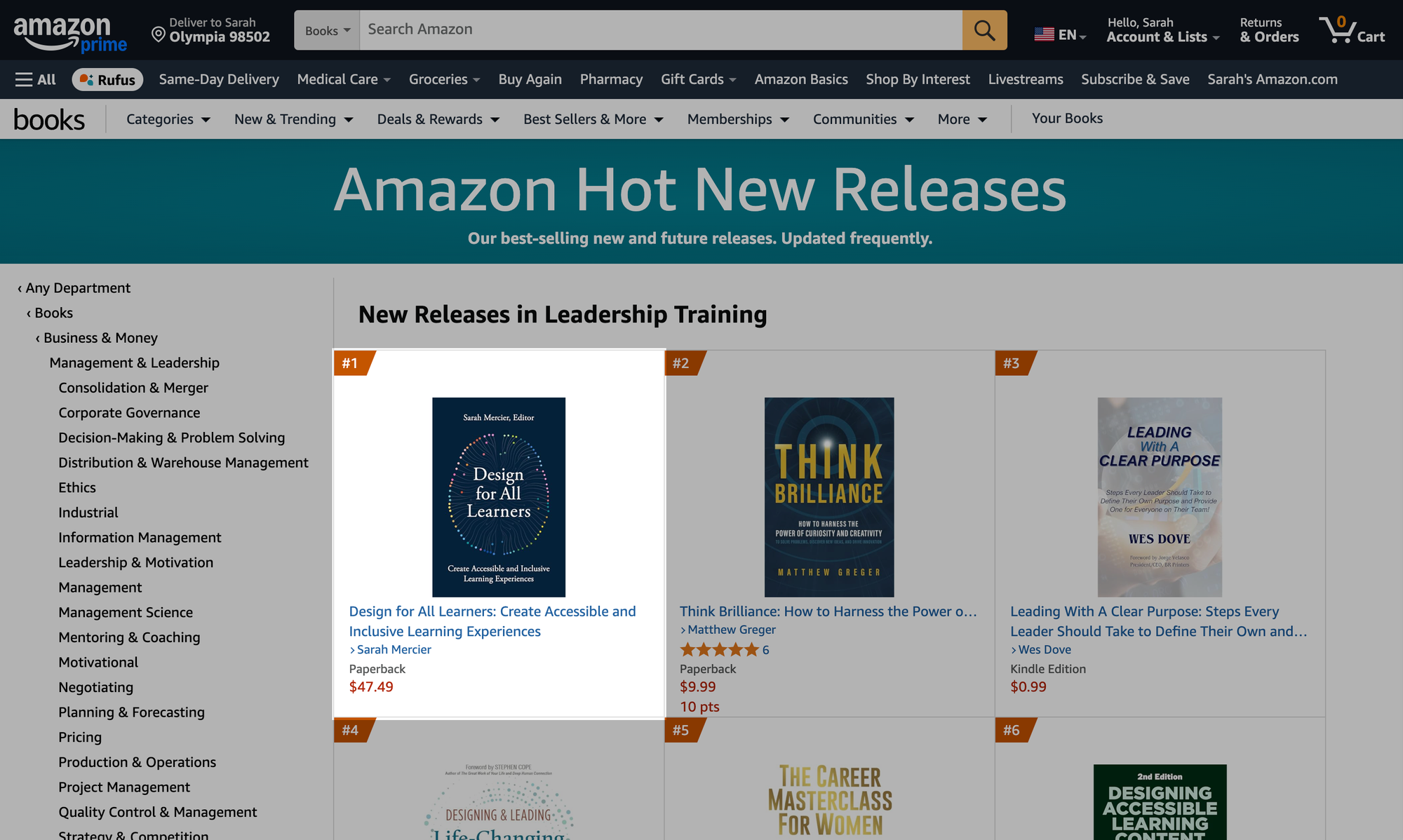 Screenshot of Amazon Hot New Releases page. Design for All Learners is in the number one spot.
