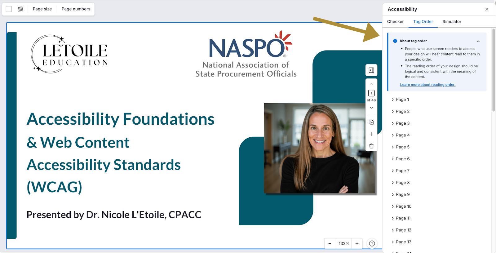 Accessibility panel open to the Tag Order tab, showing guidance about reading order and a list of pages with expandable tag order controls.