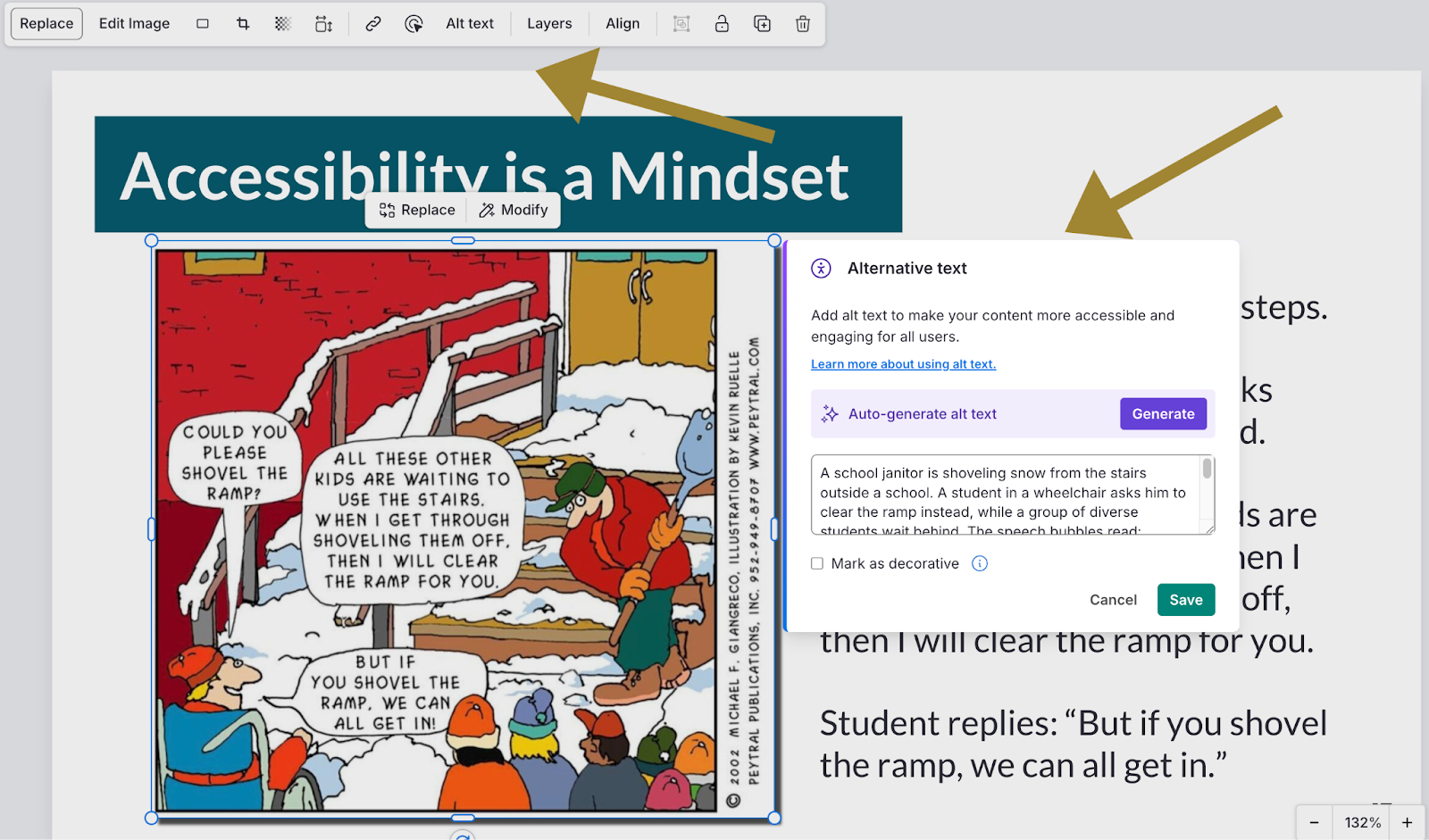 Image selected in the design tool with the Alternative Text editor open, showing where authors add or edit alt text and choose whether an image is decorative.