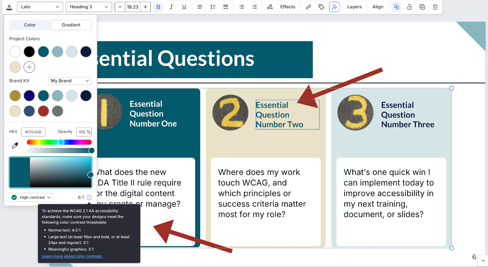 Color picker panel open while editing text, showing a built-in contrast checker with a passing contrast ratio and a tooltip explaining WCAG contrast requirements.