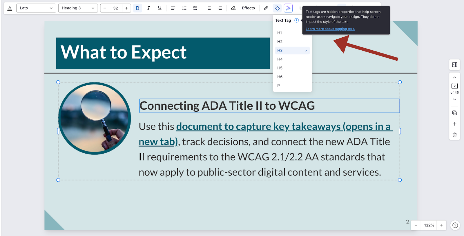 Text editing menu showing a heading dropdown with H3 selected.