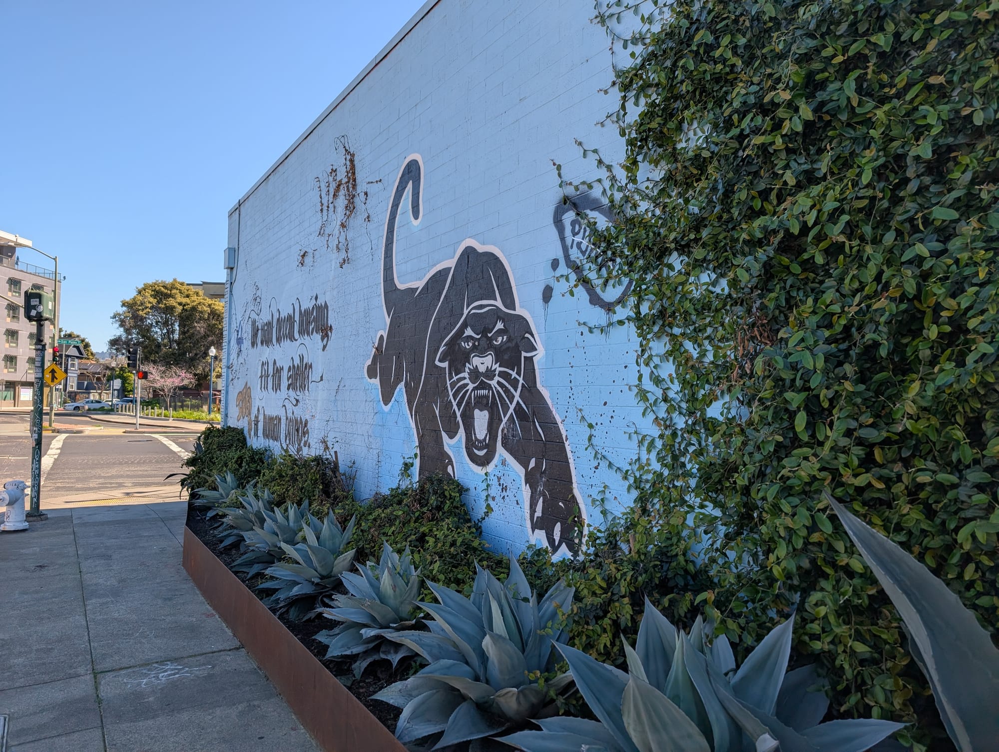 A mural featuring a black panther, set against a light blue backdrop.