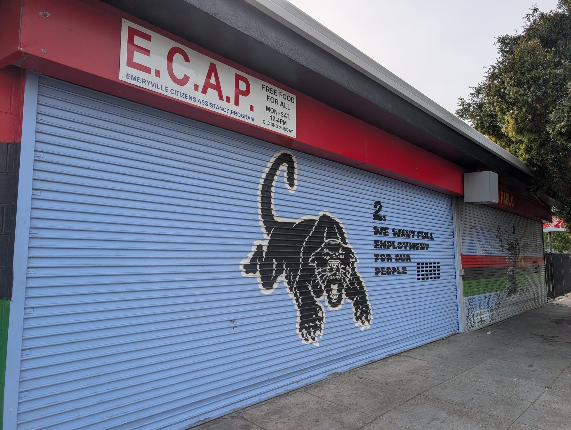 A panther image against a blue background, this time on a lowered garage door. Text reads, "We want full employment for our people."