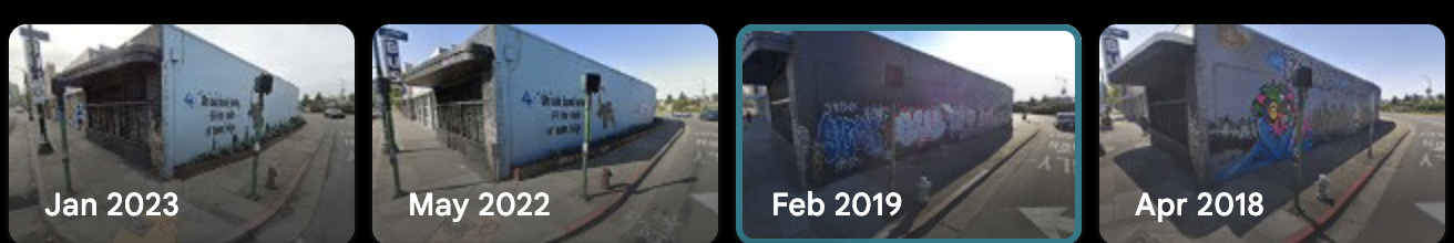 Google Street View images from 2023, 2022, 2019, and 2018 showing the evolution of the mural.
