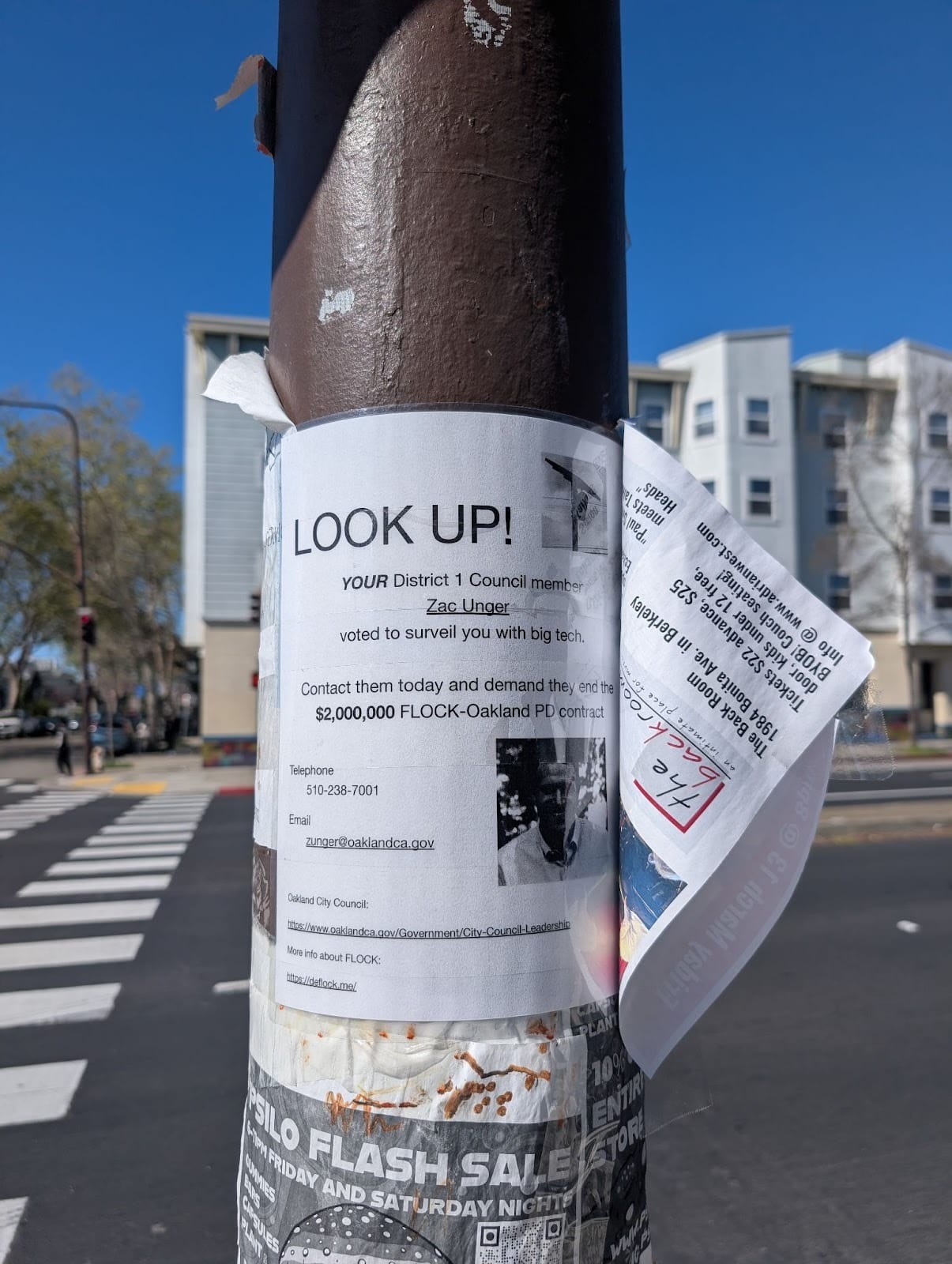 Same deal, different pole, this one mentioning District 1 councilmember Zac Unger.