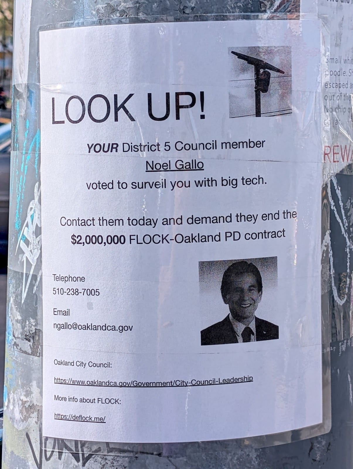 A sign taped to a pole that reports that Noel Gallo, the District 5 city councilmember, "voted to surveil you with big tech." 
