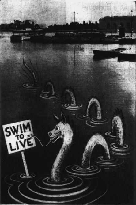 A silly-looking photo manipulation in which an illustration of a Loch Ness Monster-type creature emerges from the lake, with a "SWIM TO LIVE" sign nearby.
