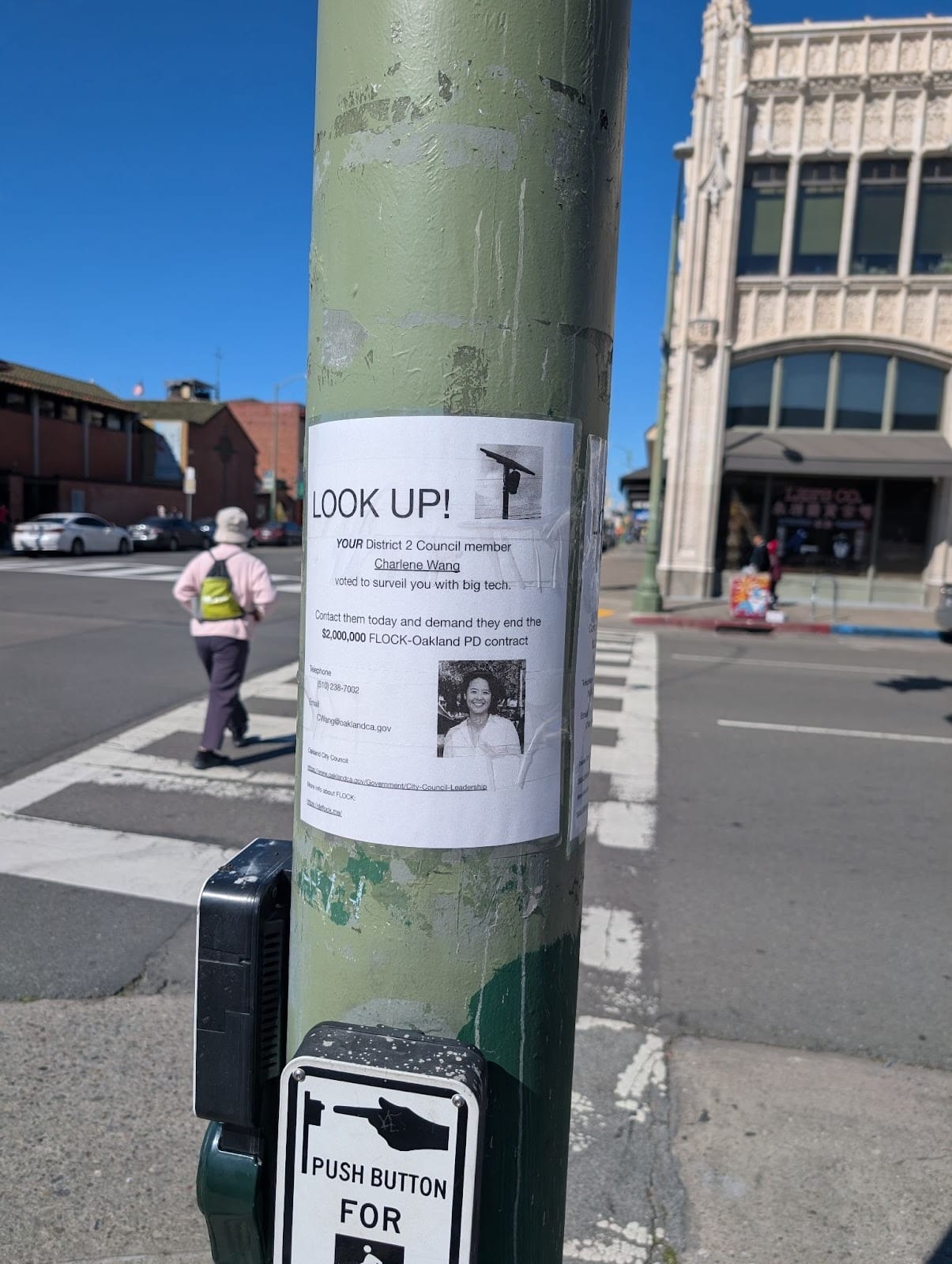 Another sign on another pole, this one noting District 2 councilmember Charlene Wang's pro-Flock vote..