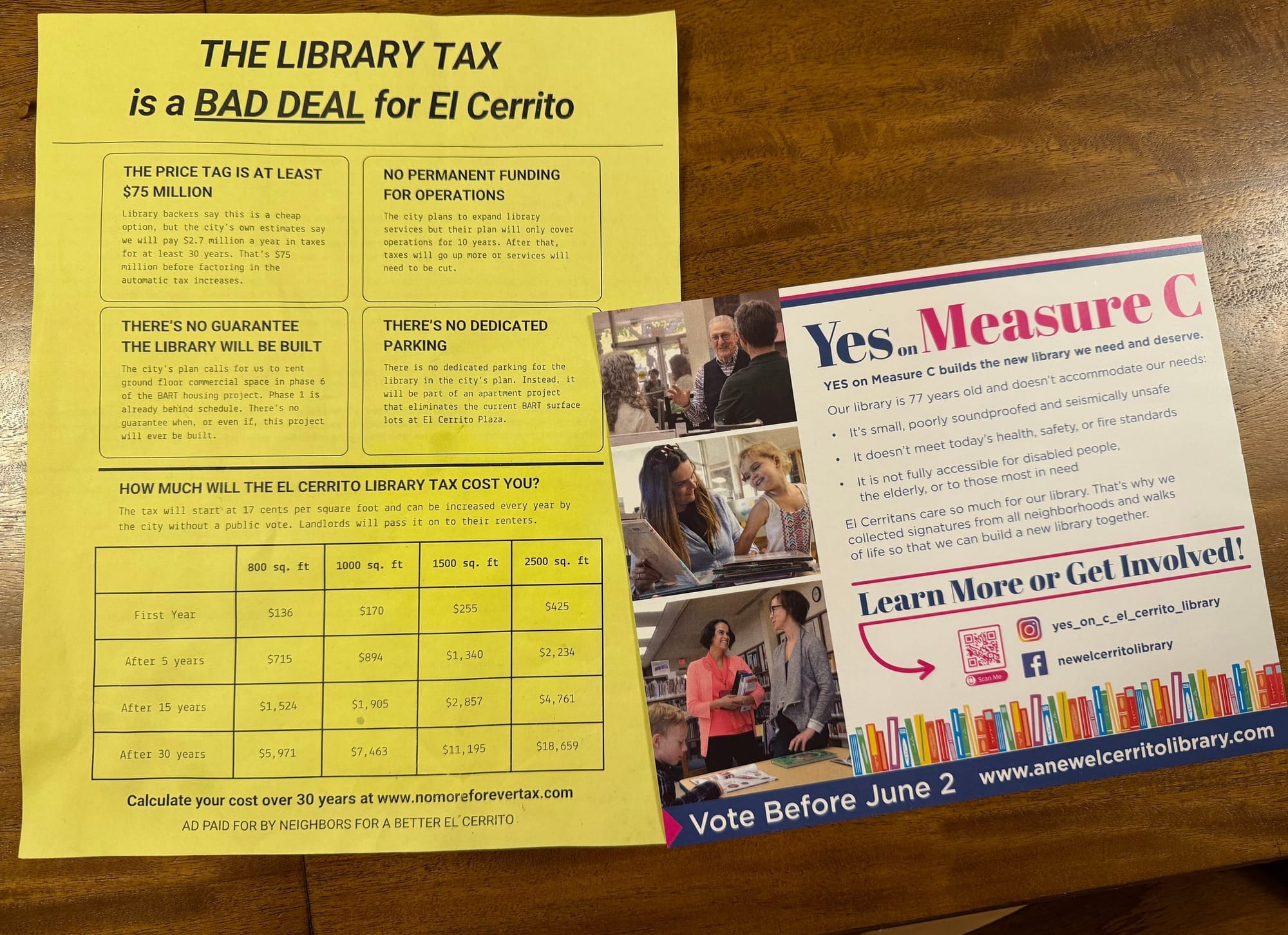 Competing literature, one a yellow sheet paper explaining why "the library tax is a BAD DEAL for El Cerrito," the other a postcard urging a yes vote on Measure C.