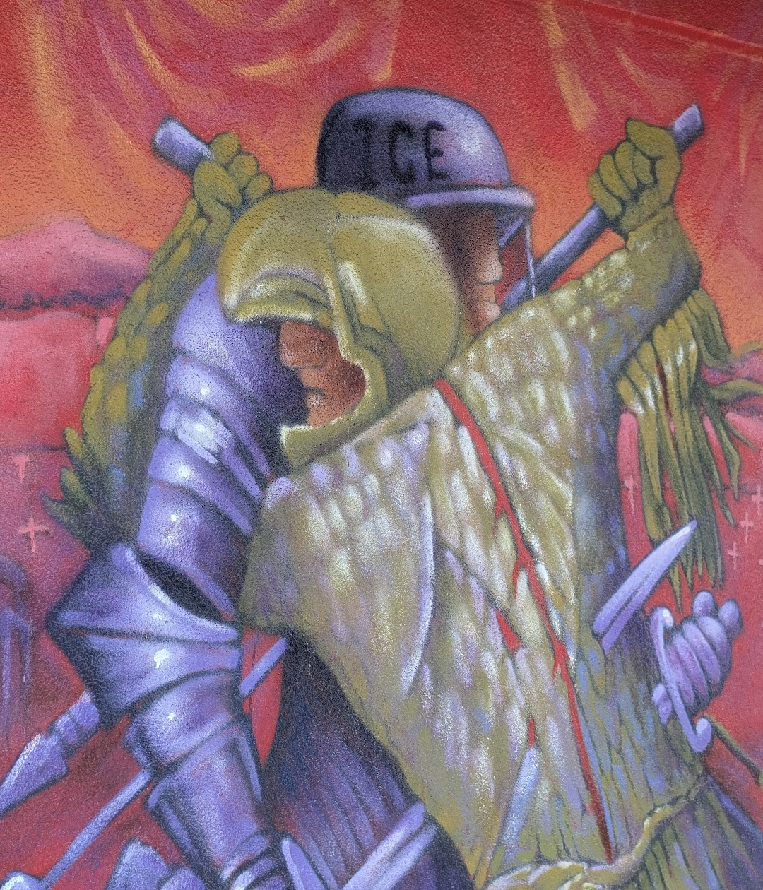 medieval knights killing each other, one of which has ICE on his helmet