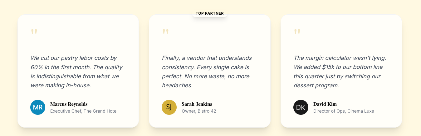 A screenshot from the Dessert Hub, featuring boxes with quotes from three "people." There isn't enough room here to quote them. It's all just b-school gobbledygook. 