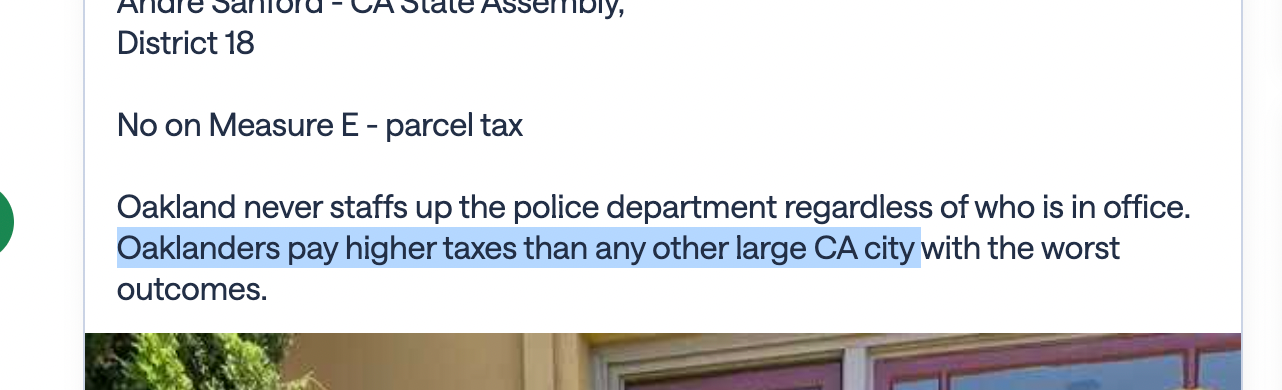 Screenshot of text that reads "Oaklanders pay higher taxes than any other large CA city"