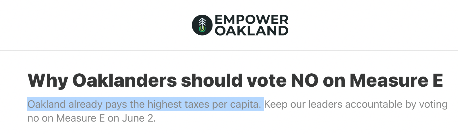 A screenshot from some Empower Oakland propaganda against Measure E in which the highlighted text reads "Oakland already pays the highest taxes per capita."