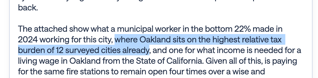 Screenshot of text that reads "The attached show what a municipal worker in the bottom 22% made in 2024 working for this city, where Oakland sits on the highest relative tax burden of 12 surveyed cities already..."