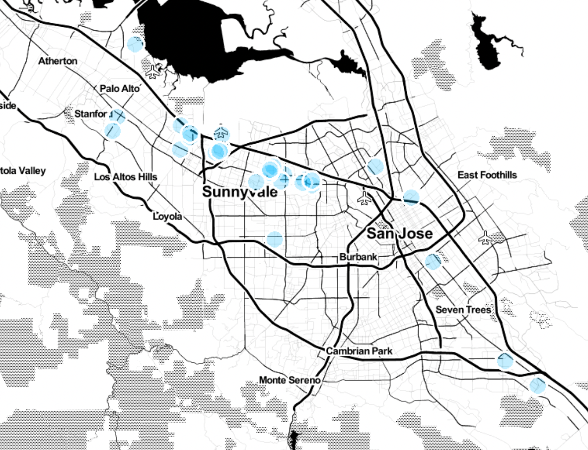 a map overlaid with blue dots indicating the many superfund sites in Silicon Valley