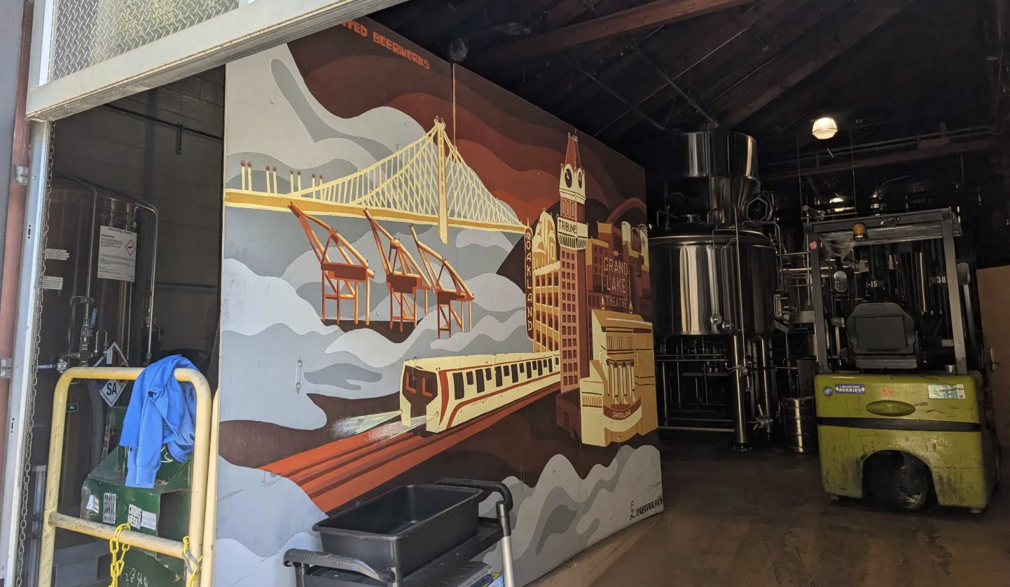 interior of some kinda brewpub near jack london with a mural of the Town