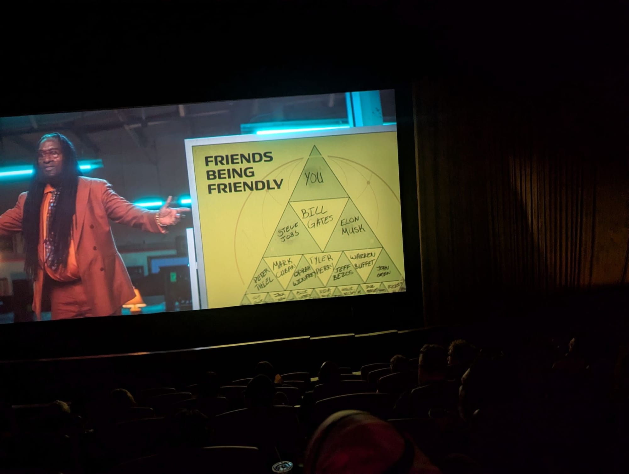 Another bad photograph from the theater, this one showing Don Cheadle and his "Friends Being Friendly" pyramid.