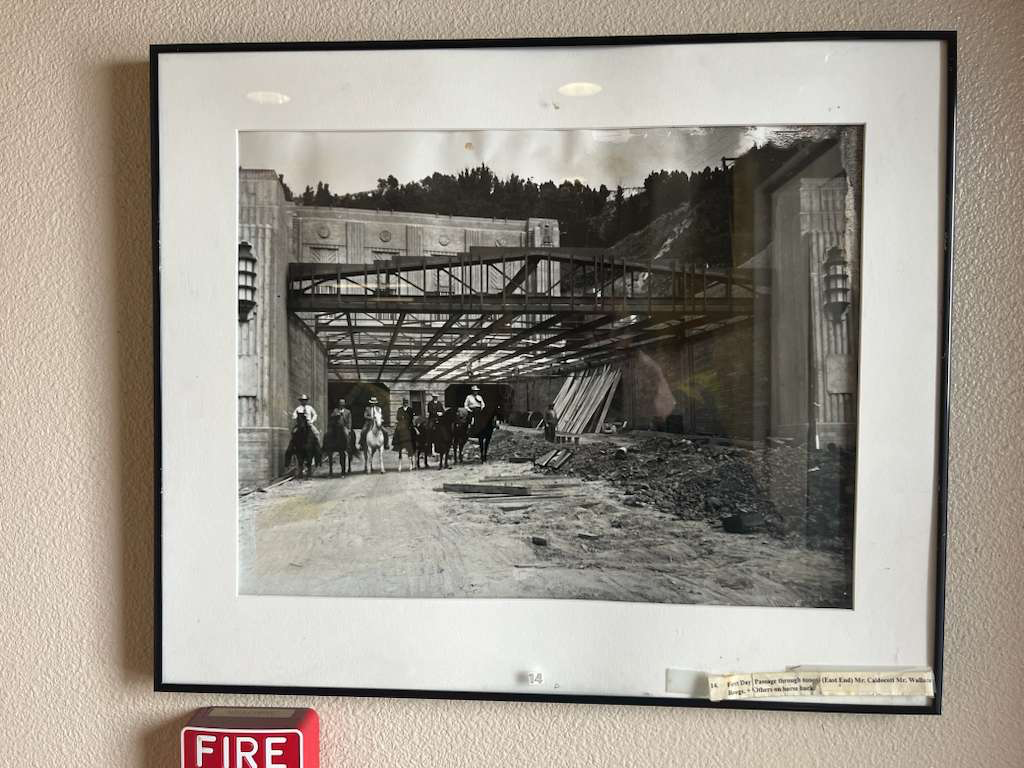 Old photos in the tunnel's maintenance offices.