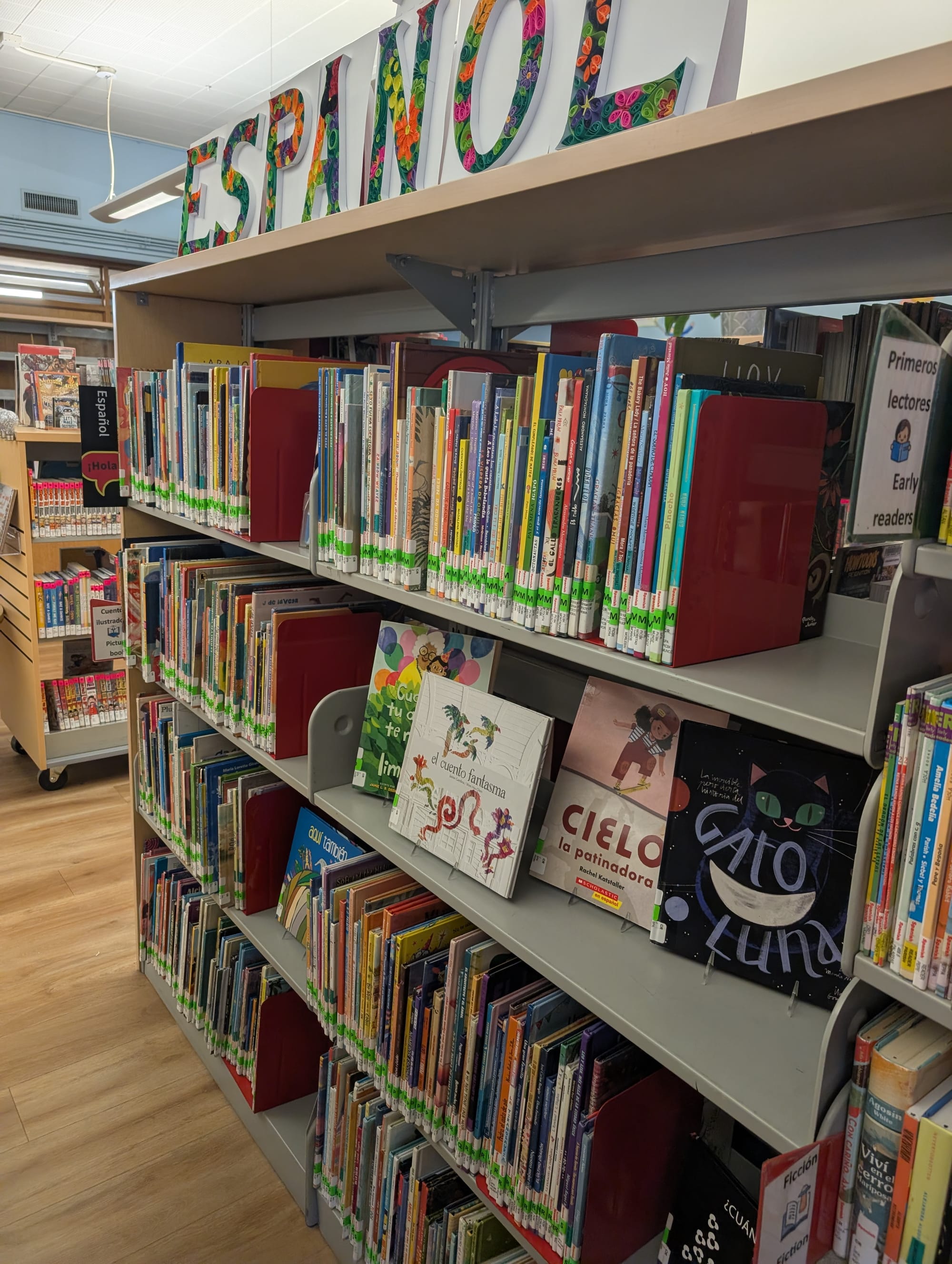 A shelf of Spanish pictures books.