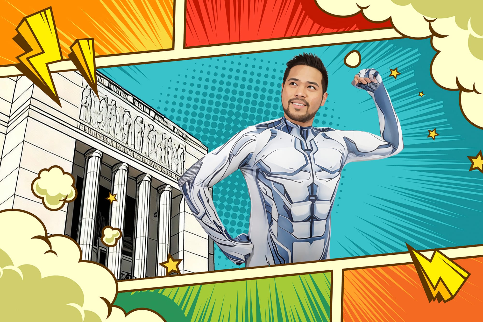 An image of the lead actor in Rinaldo, stylized like The Tick superhero comic. 