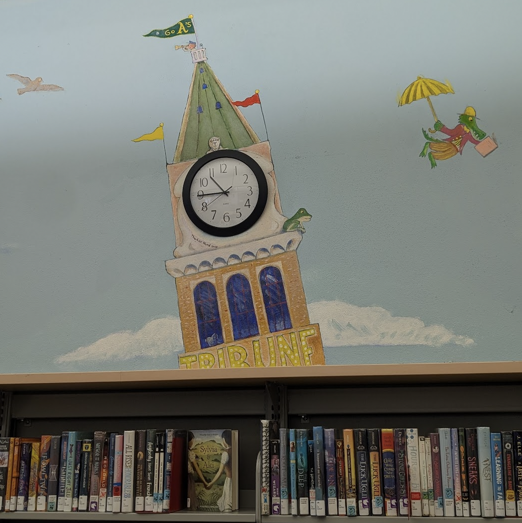 OPL children's library wall mural, featuring tribune tower.