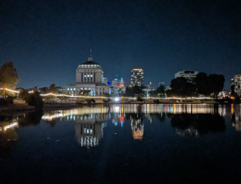 Lake Merritt at night, roughly the angle of the courthouse you see from the building where one of the Black Panther founders lived, though I've forgotten which one (probably Huey?) 