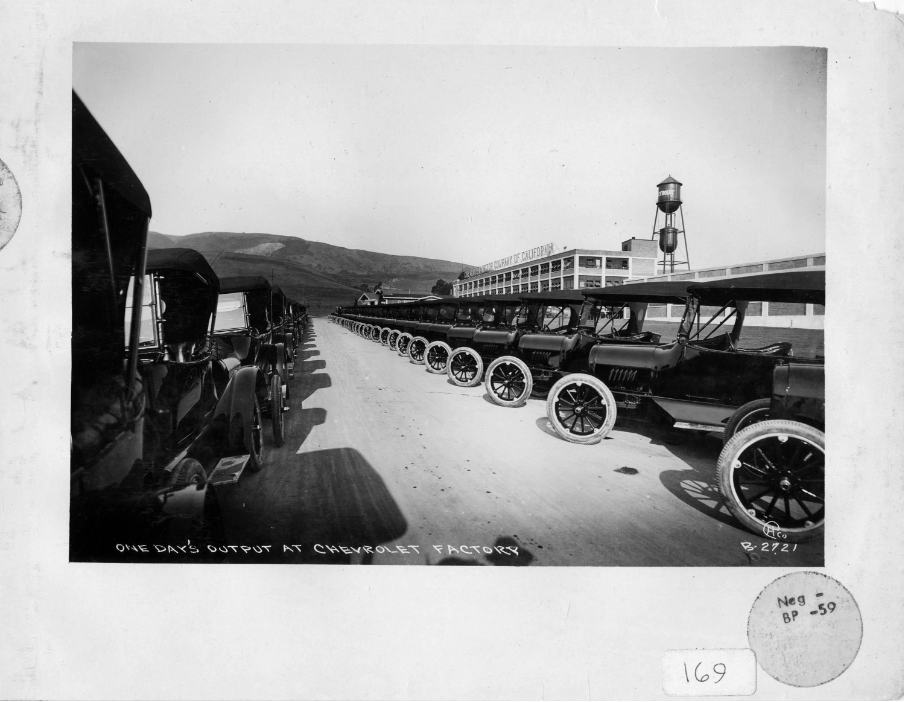 Finished cars at the factory that became the site of Eastmont Mall