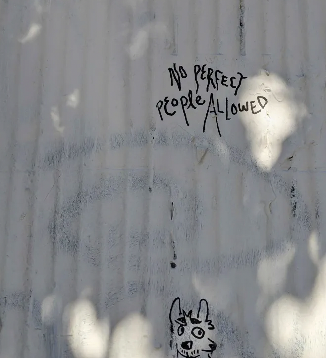 "No perfect people allowed" written on a fence.