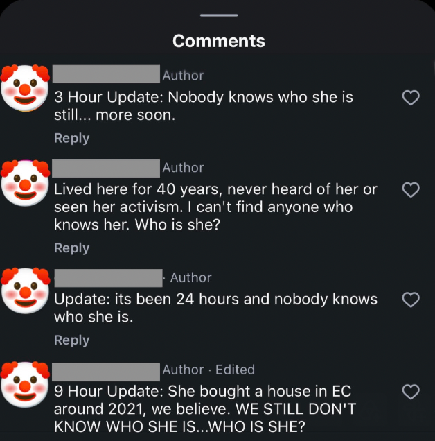 Screenshots of an online obsessive saying variations on WHO IS SHE?