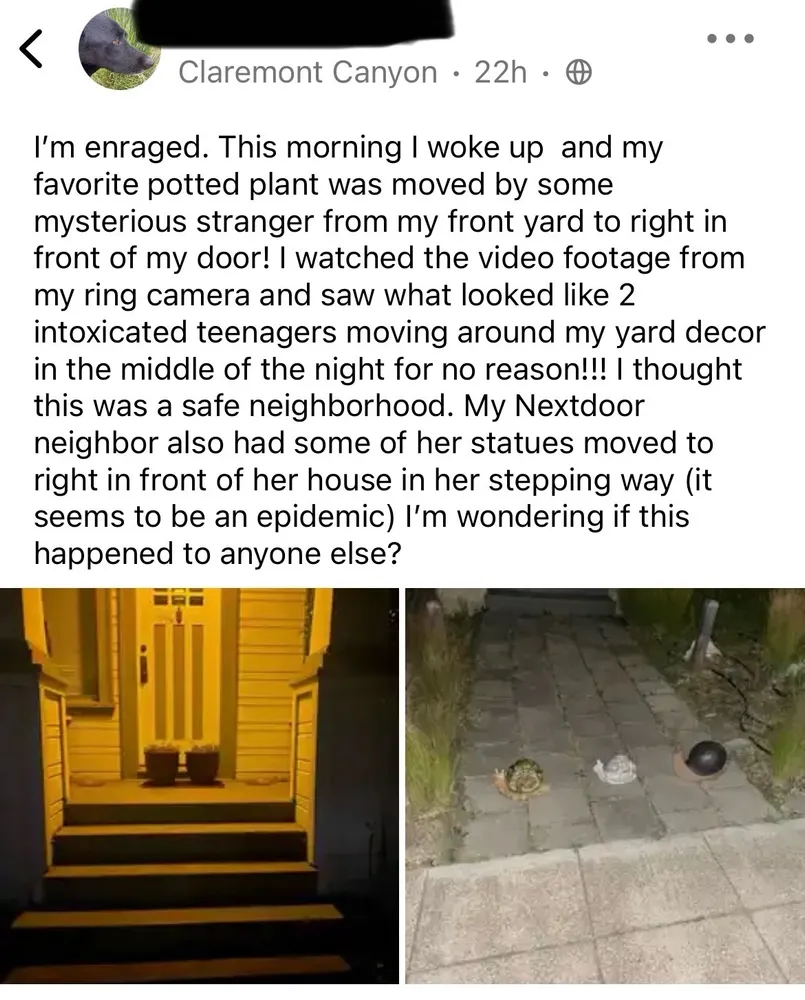 Screenshot of a panicky post in which a Nextdoor user complains about "2 intoxicated teenagers moving around my yard decord in the middle of the night for no reason!!!" The user adds, "I thought this was a safe neighborhood." Attached are harmless photos.