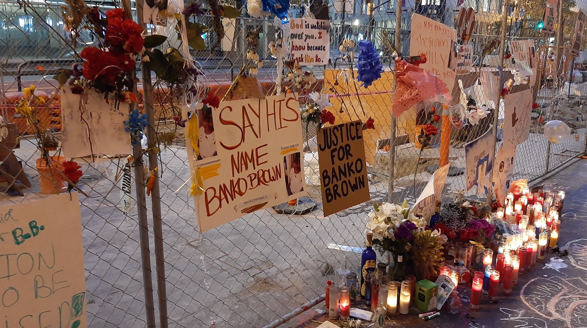 A memorial to Banko Brown. "Say his name" prominently displayed.