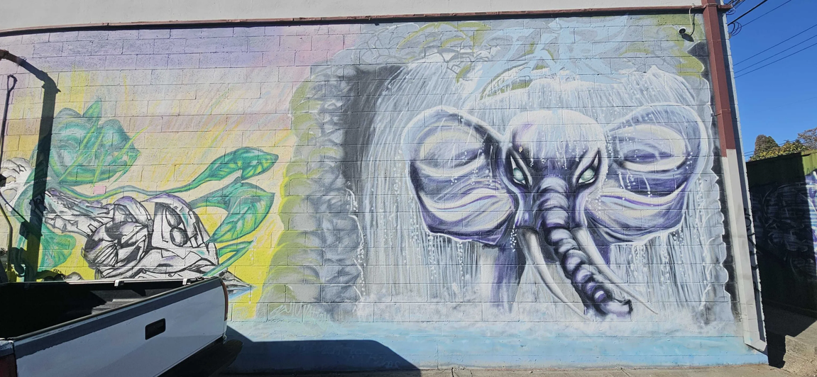 A mural with an elephant in a waterfall of some kind. Very Oakland sort of thing.