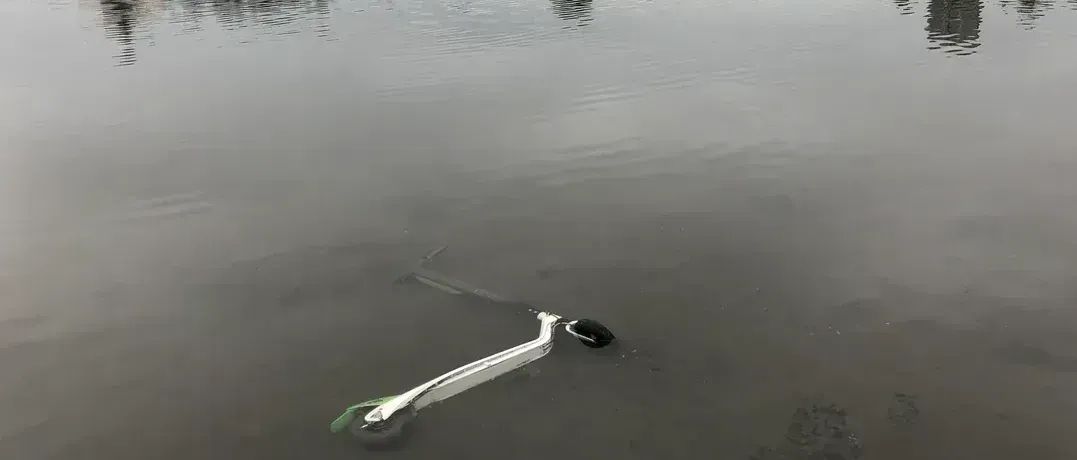 A photo of a Lime scooter that's been thrown into Lake Merritt. Mostly submerged in the gross-looking water.