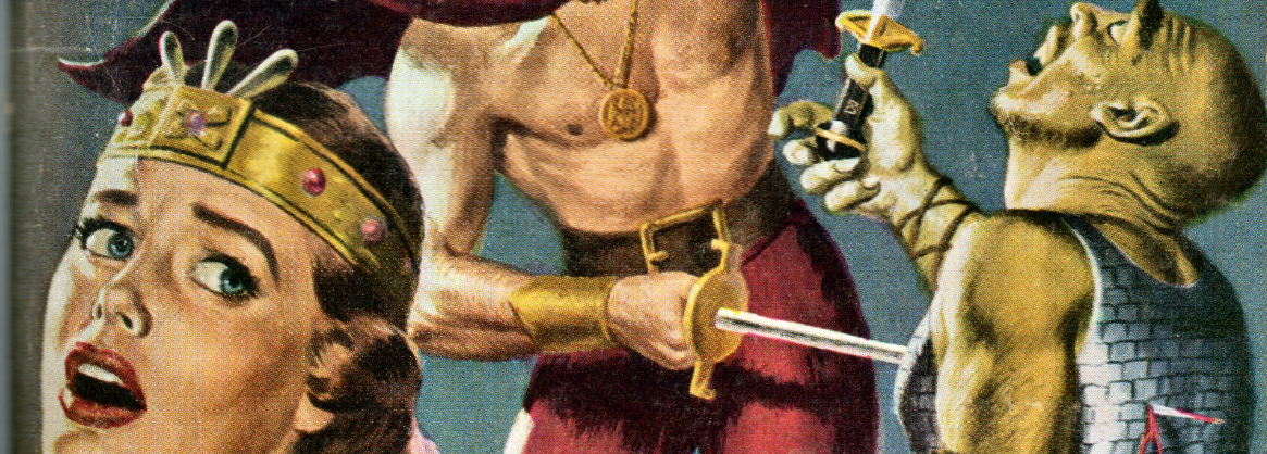 Crop from the illustrated cover of a fantasy mag, with a muscly white hero running a sword through a green orclike figure, racialized. A white princess-type is in the foreground, mouth agape.