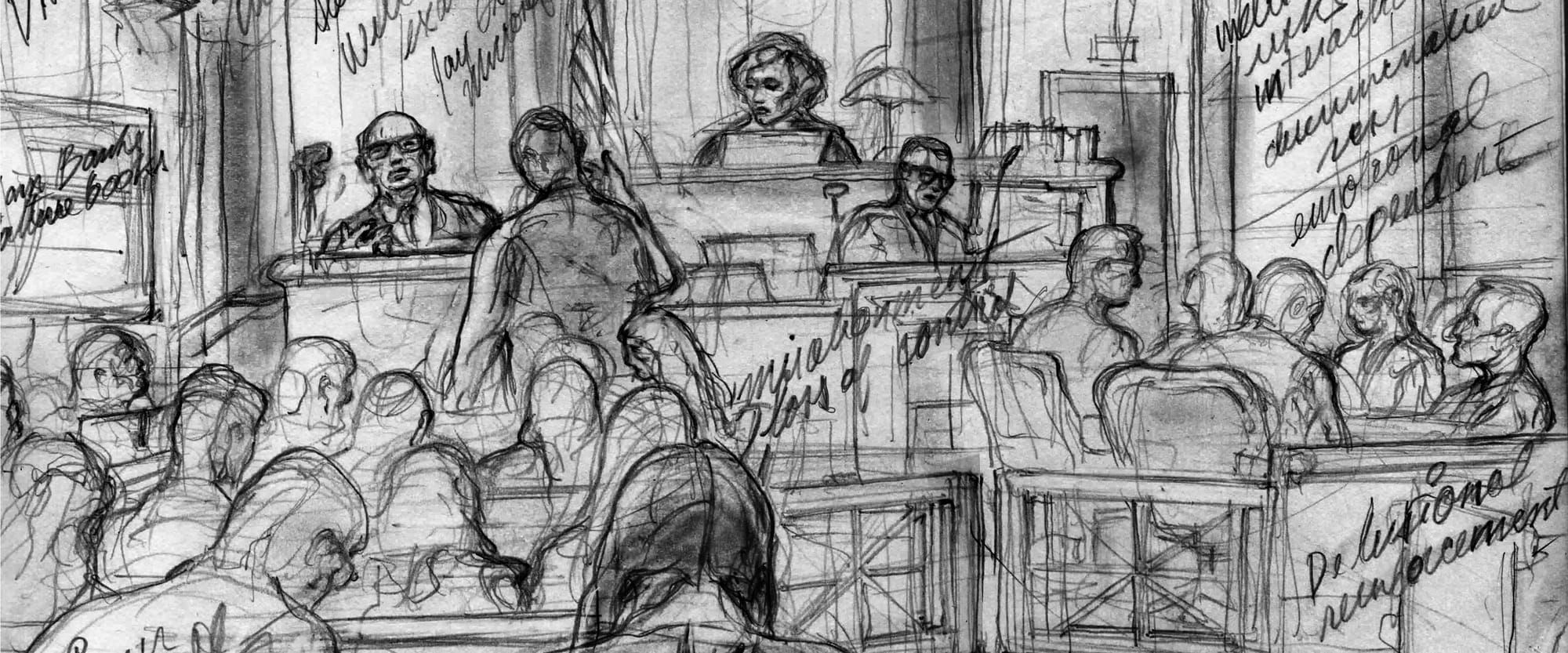 A sketch of a full courtroom scene, with the judge in the middle and a witness in the box to her right. The artist has scrawled text on the ima, including "Delusional reinforcement."