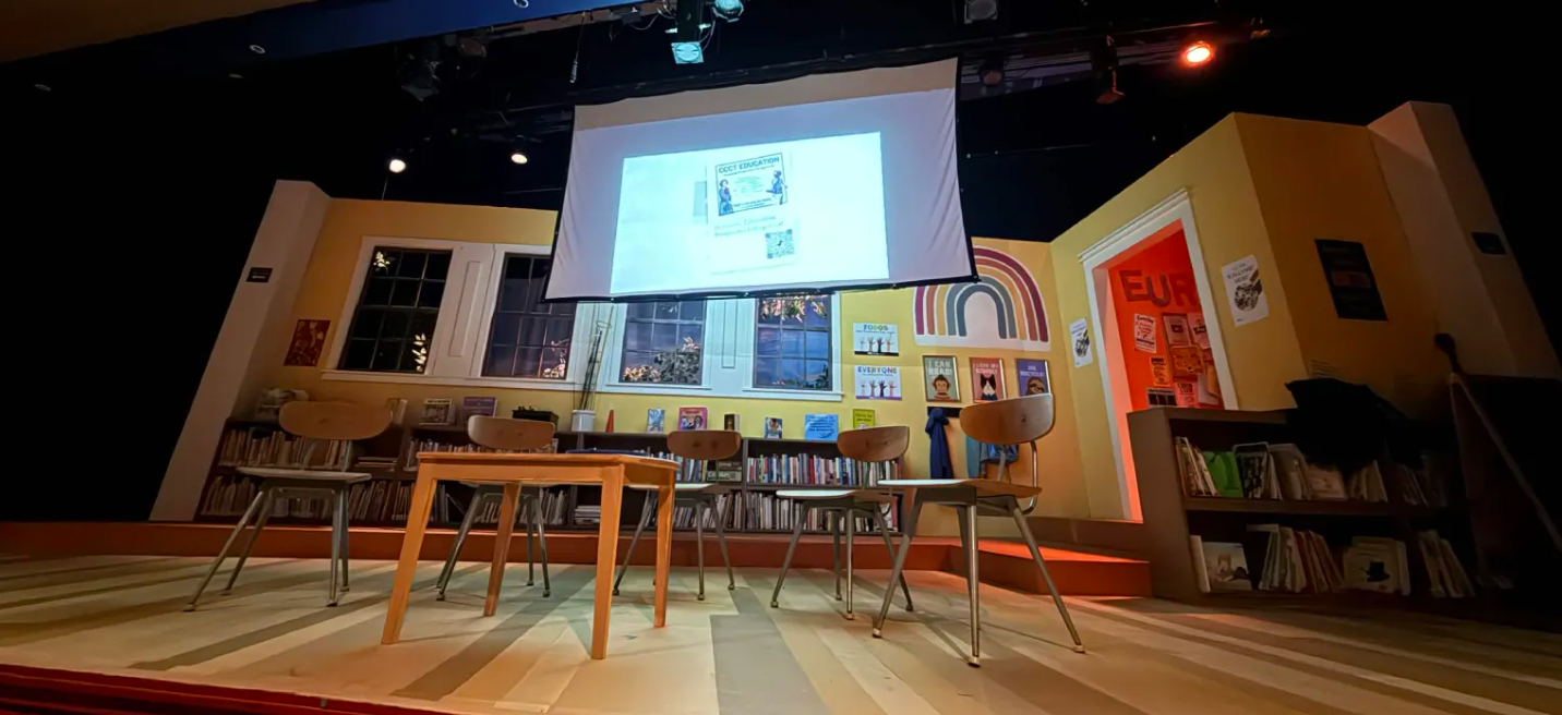 Theater set for "Eureka Day," both real and irreal. 