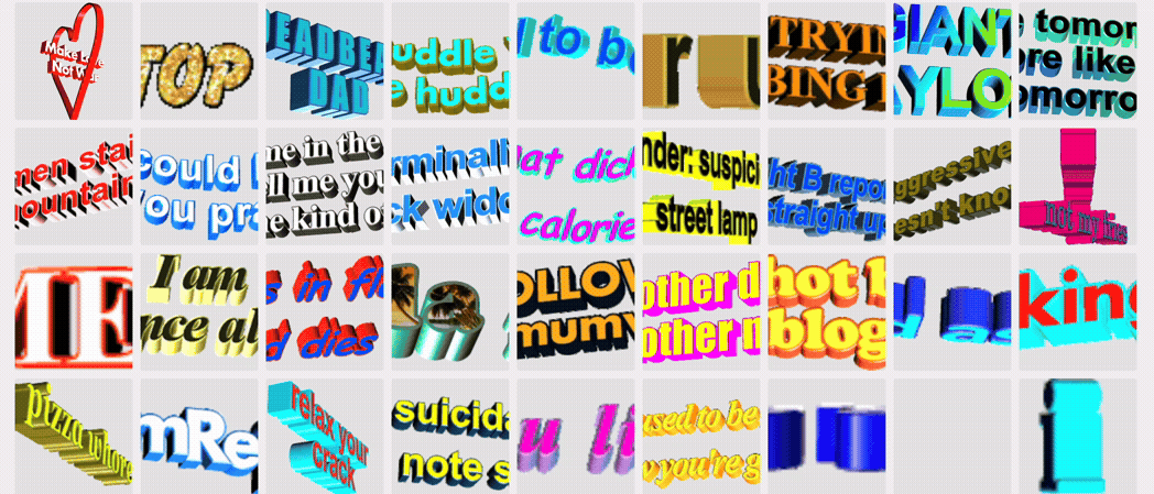 A chaotic screenshot from the Animated Text archive on Tumblr showing a grid of garishly colored phrases in motion.