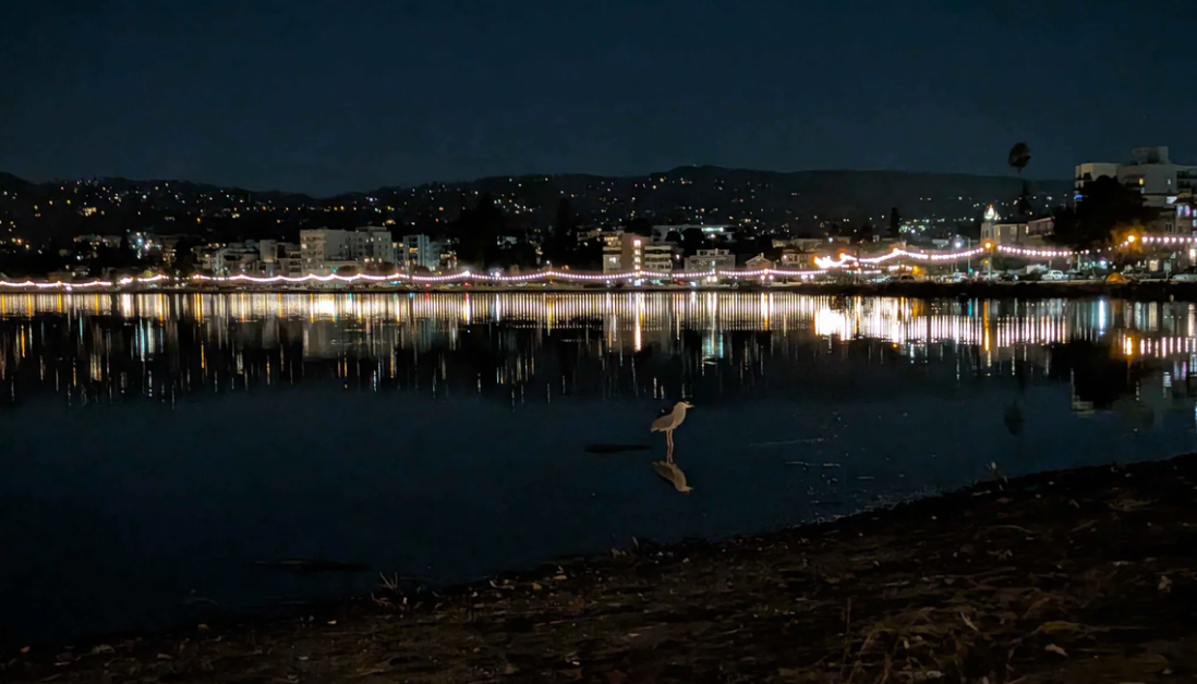 The lake looking gorgeous at night, lights in the dark.