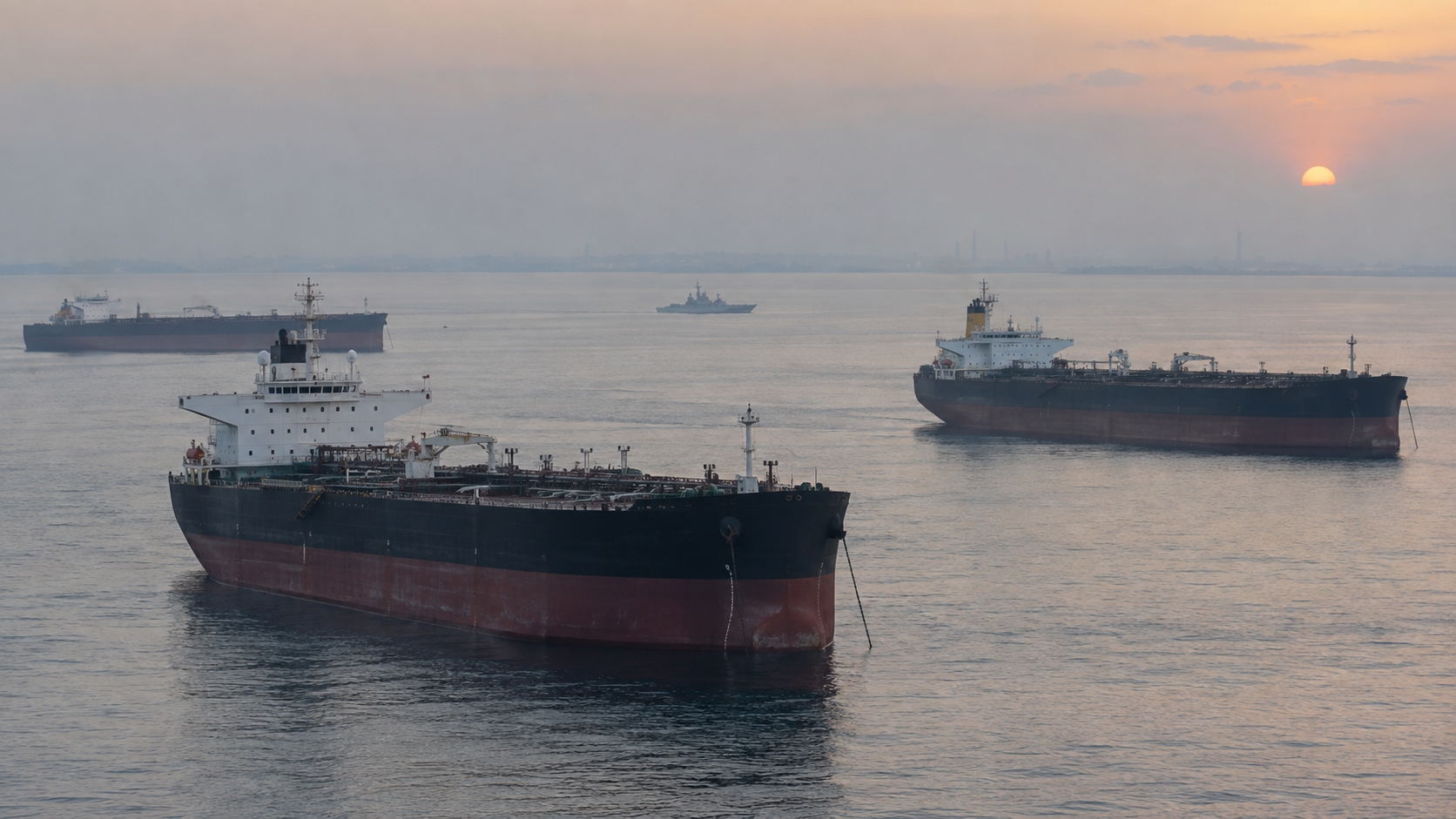 Crude oil tankers at anchor in the Persian Gulf at dawn