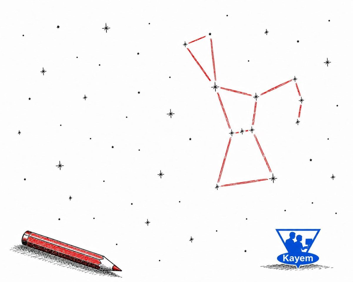 Hand-drawn night sky with stars connected by red lines to form a constellation, illustrating the relationship between individual keywords and a wider topic.