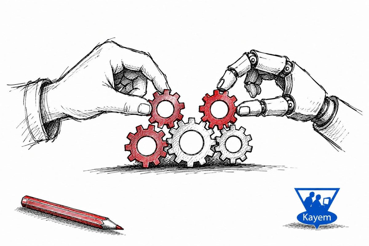 Hand-drawn human hand and robotic hand positioning interlocking gears, illustrating collaboration between human expertise and artificial intelligence.