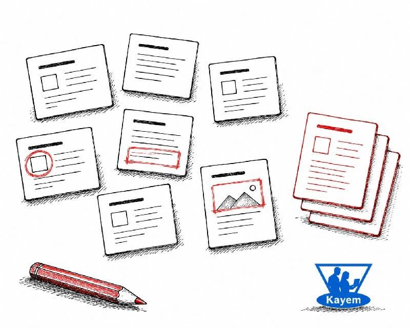 Hand-drawn website content cards being sorted into an organised stack, illustrating how information architecture helps structure accumulated website content.