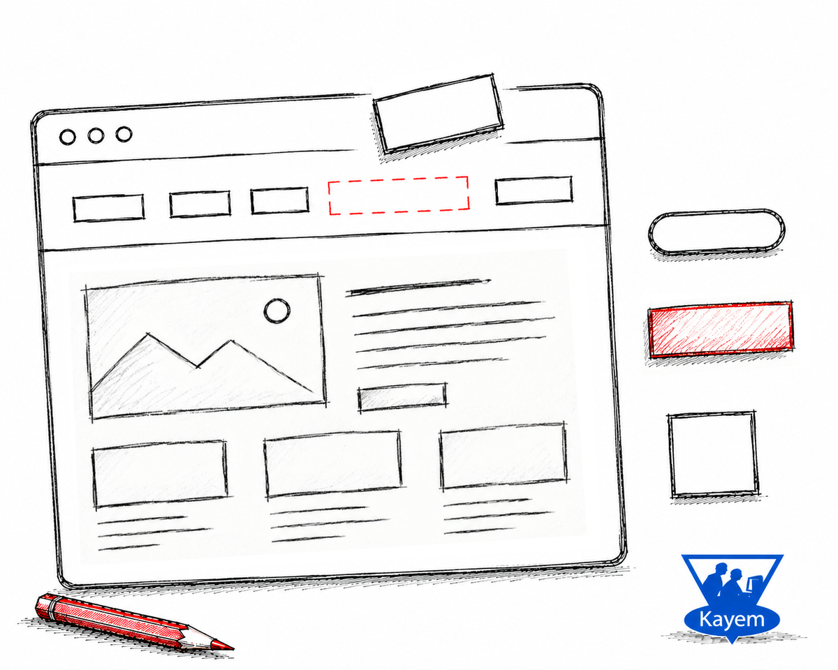 Hand-drawn website layout with modular interface elements being rearranged, illustrating the process of developing and refining a website solution.