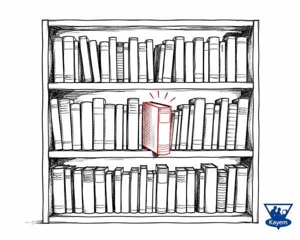 Illustration of a bookshelf with one red book highlighted, representing hidden knowledge and content discovery.