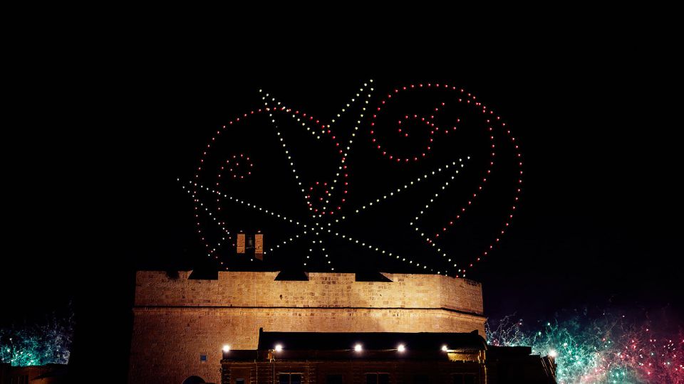 Fireworks and drone show over Fort St. Angelo, Birgu, Malta. Credit: Henkjan Schrijver / Carian