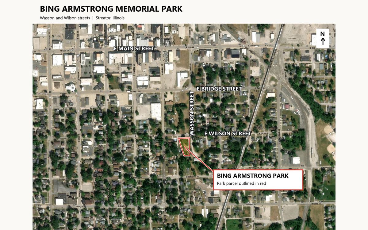 Aerial map of Bing Armstrong Memorial Park at Wasson and Wilson streets in Streator, with the park parcel outlined in red.