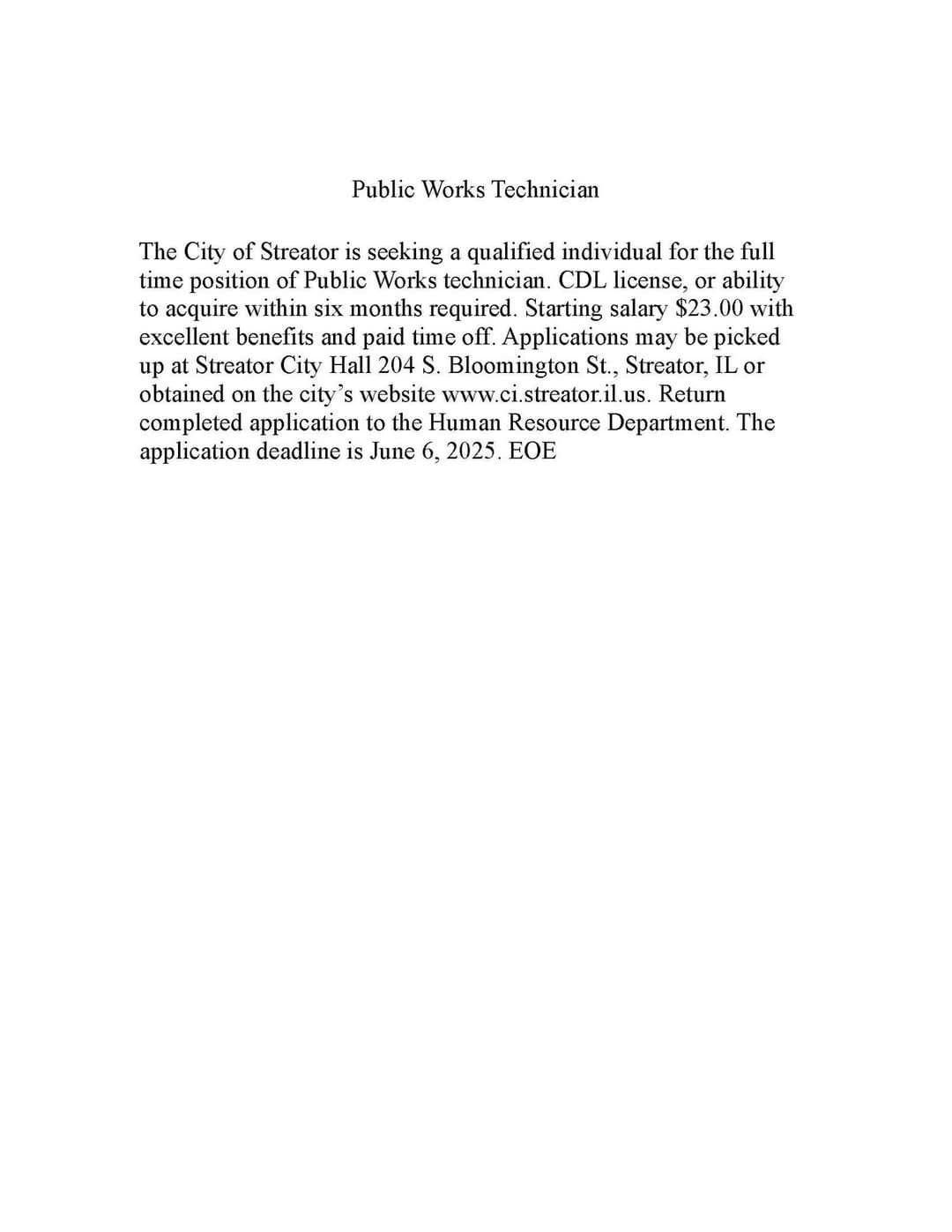 Public Works Technician Position Offers Chance to Join Elite Team