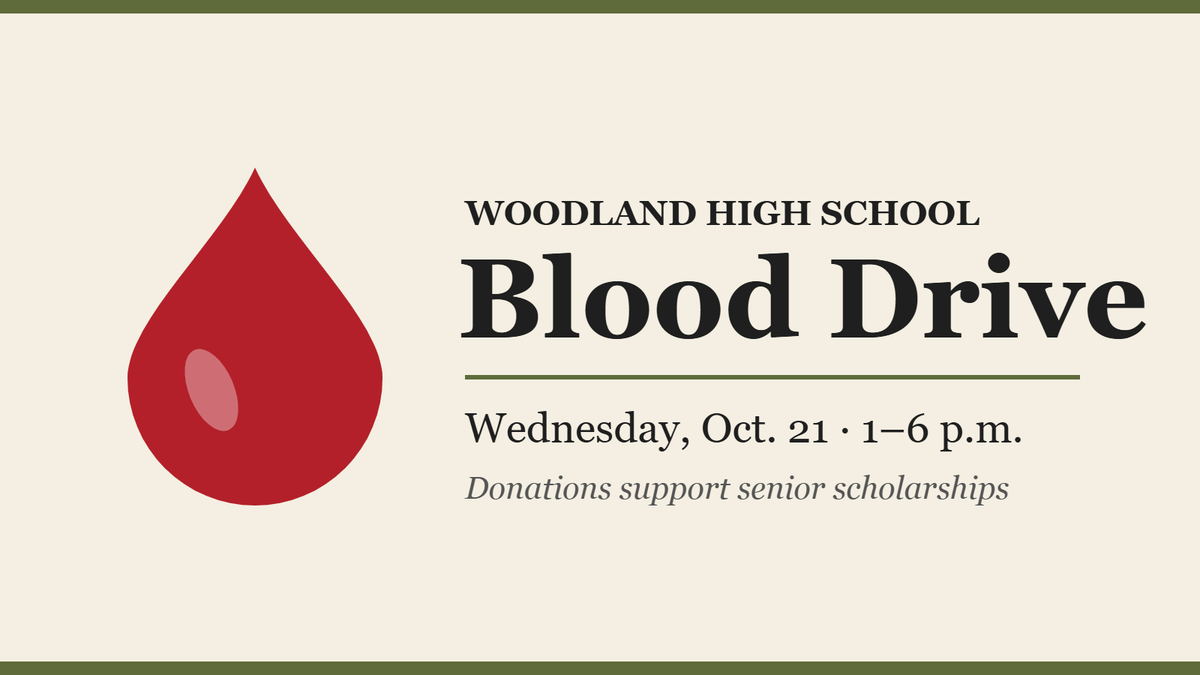 Graphic announcing the Woodland High School blood drive, Wednesday, Oct. 21, 1 to 6 p.m.