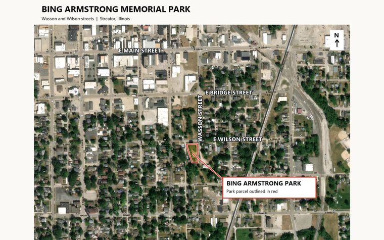 Aerial map of Bing Armstrong Memorial Park at Wasson and Wilson streets in Streator, with the park parcel outlined in red.